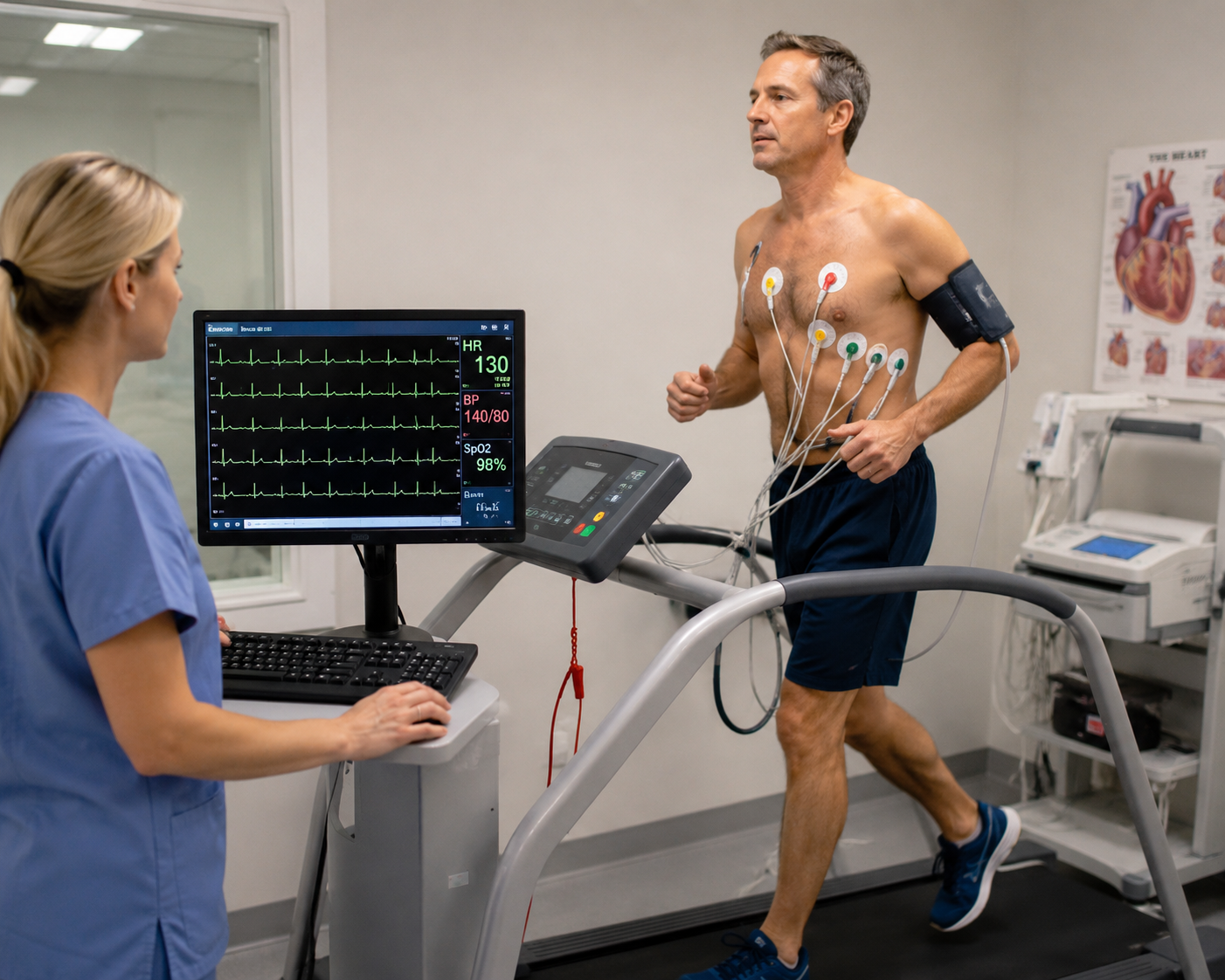 A patient walking on a treadmill with ECG electrodes and a blood pressure cuff while a nurse monitors the tracing